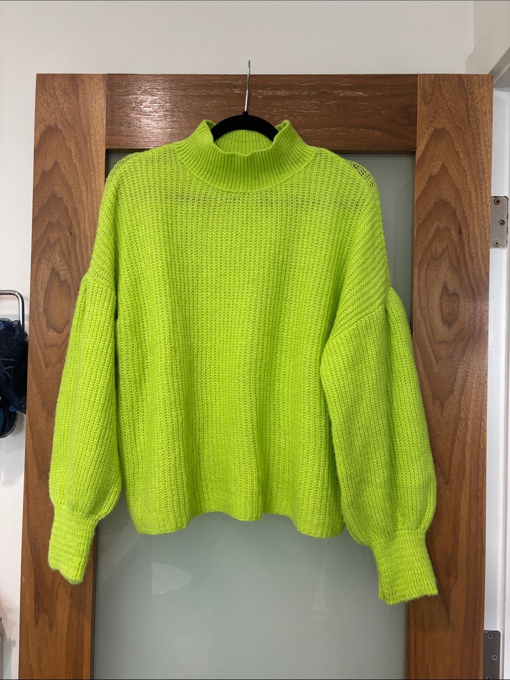 Anthropologie Maeve Neon Lime Mock Neck Sweater with Balloon Sleeves